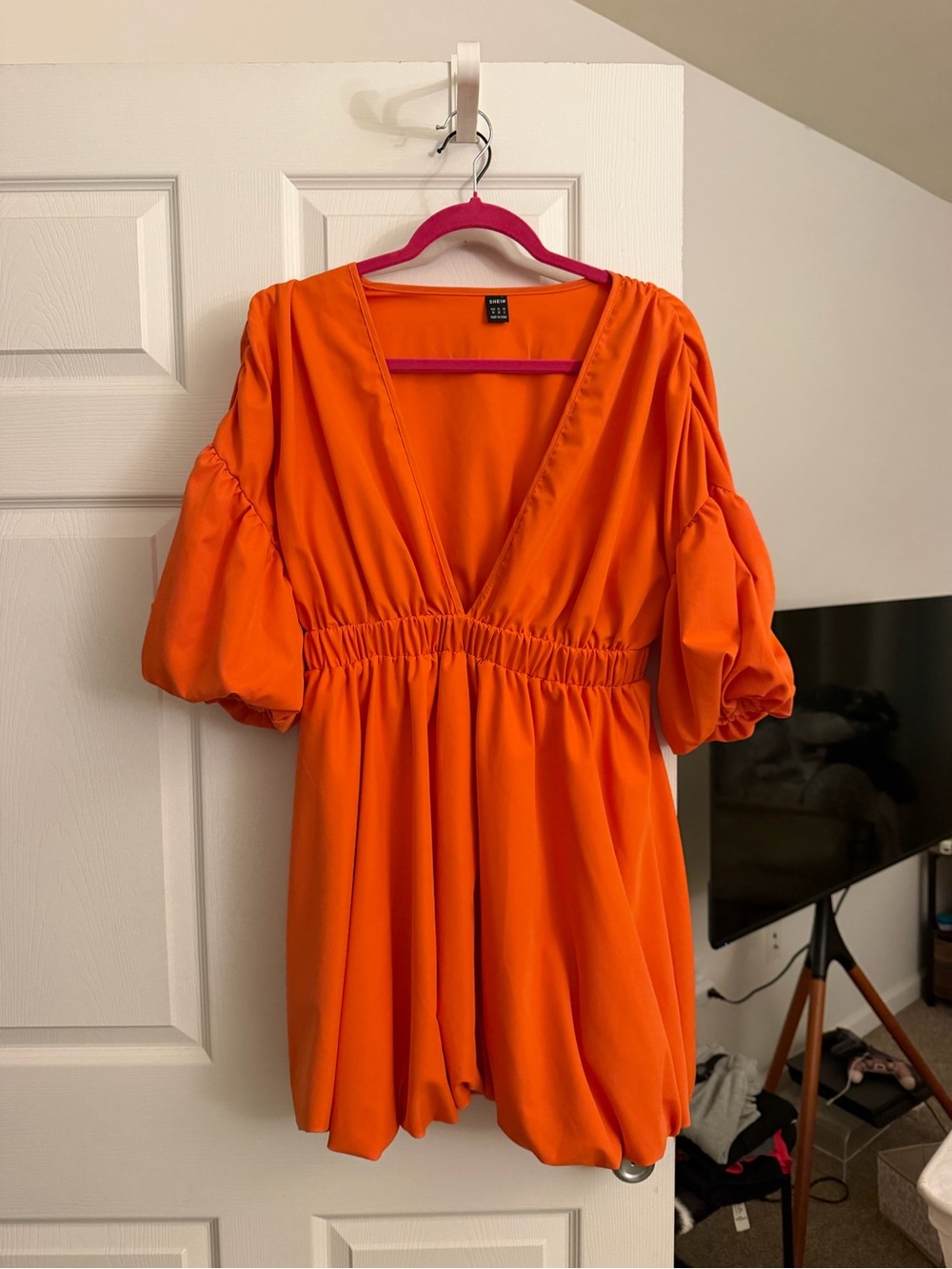 SHEIN Bright Orange Deep V Puff Sleeve Dress
